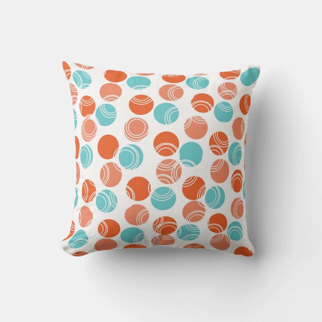 Coussin Coral Orange, Turquoise, Turquoise, Pois rétro (Recto)