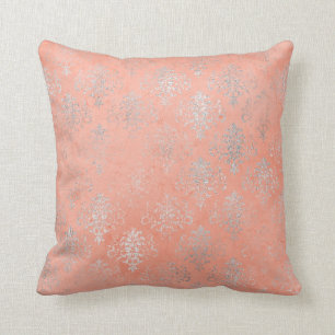 Coussin Coral Peach Saumon Damask Blush Silver Rose Floral