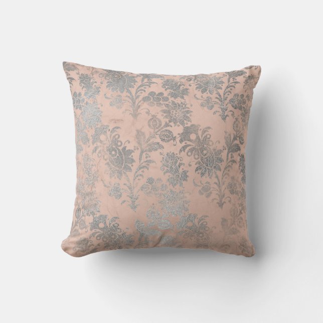 Coussin Coral Pêche Saumon Gris Blush Argent Rose Floral (Recto)