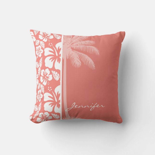 Coussin Coral Pink Tropical Hibiscus; Summer Palm (Recto)