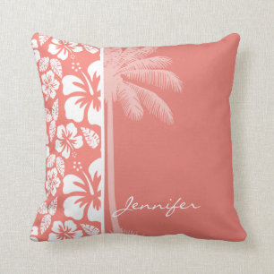 Coussin Coral Pink Tropical Hibiscus; Summer Palm