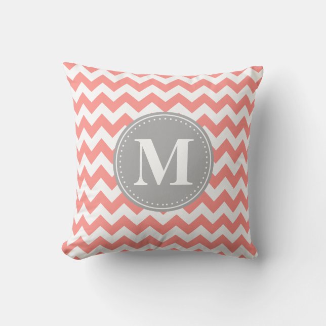 Coussin Coral rose Chevron Zigzag Gris Monogramme (Recto)