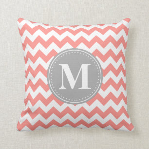 Coussin Coral rose Chevron Zigzag Gris Monogramme