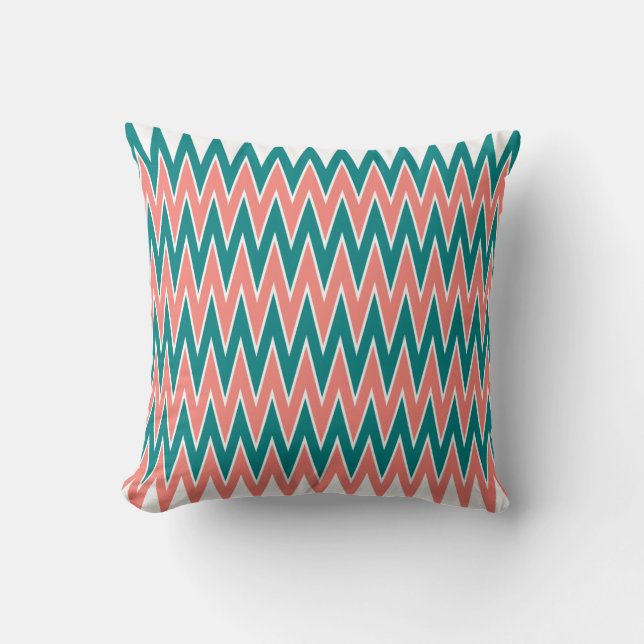 Coussin Coral rose et Turquoise Motif Zigzag (Recto)