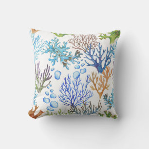 Coussin Coraux dessinés à la main : motif sous-marin.