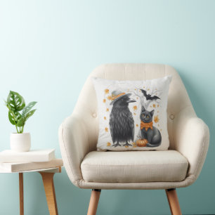 Coussin Corbeau et chat Halloween Automne Crow