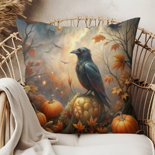 Coussin Corbeau et Citrouille - Décor d'automne sombre