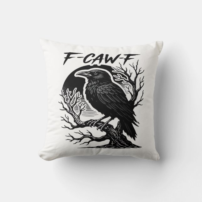 Coussin Corbeau F-Caw-F Humour Gothique Drôle (Recto)