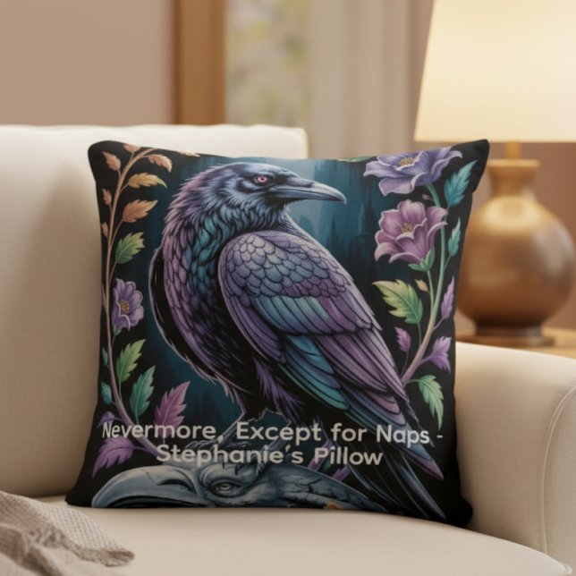 Coussin Corbeau gothique noir avec humour floral (Personalized funny black gothic raven pillow
)