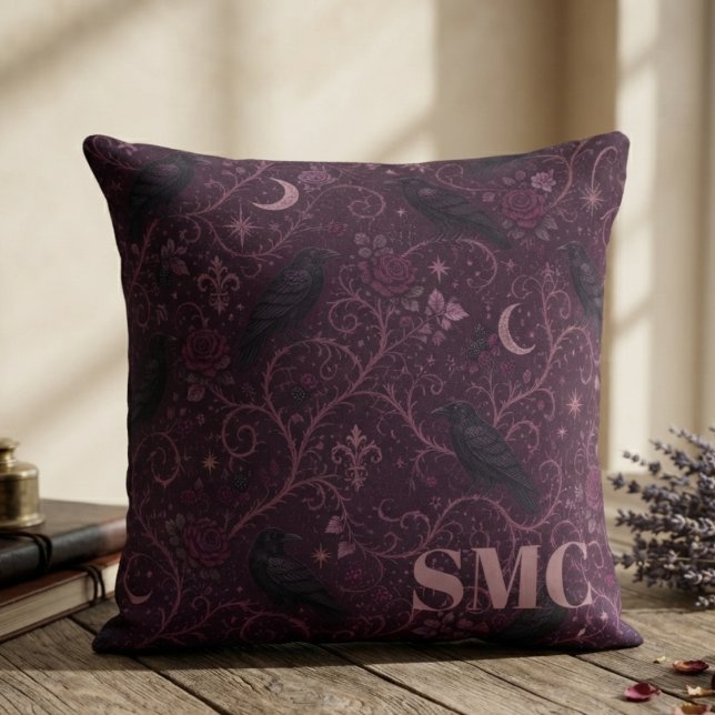 Coussin Corbeau Gothique Prune Capricieux (Plum raven throw pillow for dark academia fans styling a moody reading nook.)