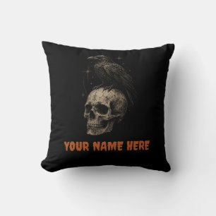 Coussin Corbeau gothique sur crâne, mystère vintage.