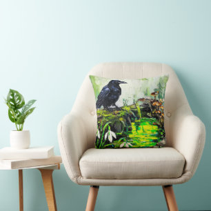Coussin Corbeau noir et ruisseau de forêt lumineuse, peint
