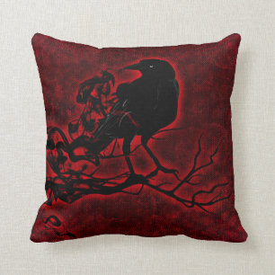 Coussin Corbeau noir sur rouge profond