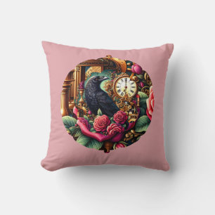 Coussin Corbeau victorien avec fleurs vintage et horlogeri