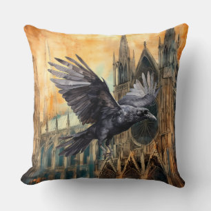 Coussin Corbeau volant et cathédrale gothique médiévale
