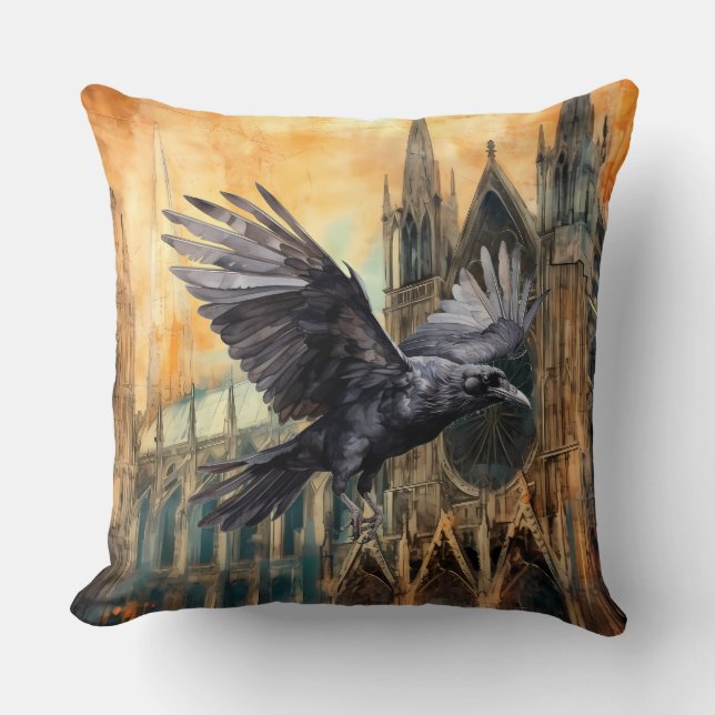 Coussin Corbeau volant et cathédrale gothique médiévale (Recto)