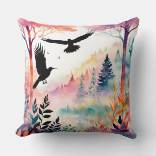 Coussin Corbeaux dans une forêt colorée paisible