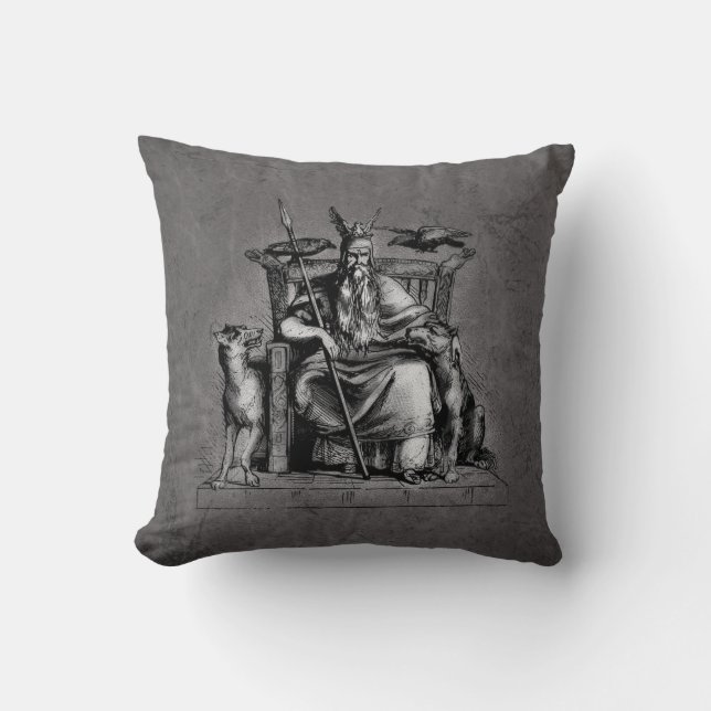 Coussin Corbeaux d'Odin sur Trône de Pierre Mythologie Vik (Recto)