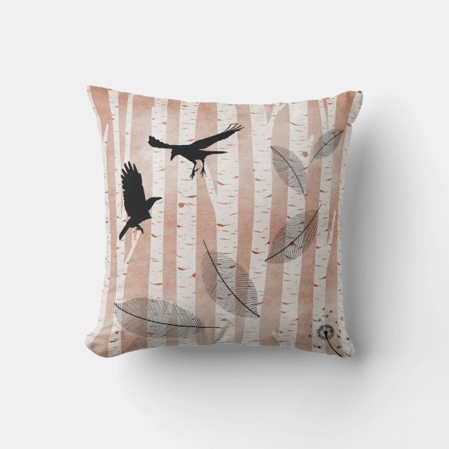 Coussin Corbeaux rustiques dans une forêt de bouleaux blan (Recto)