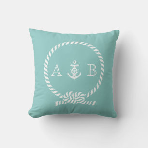 Coussin Corde marine verte et monogramme Ancre