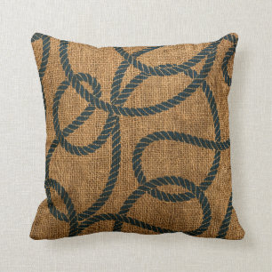 Coussin Corde nautique dans naturel avec le bleu de mer