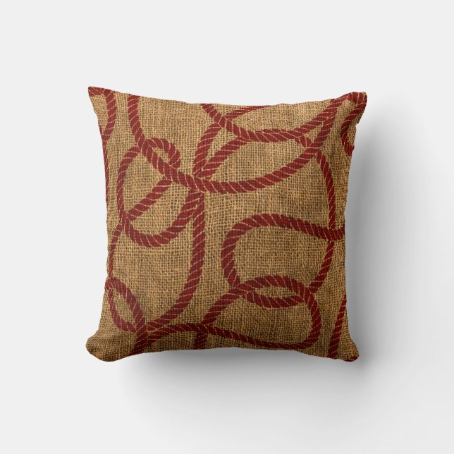 Coussin Corde nautique en rouge naturel et rustique (Recto)