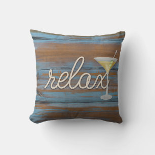 Coussin corde "relax" texte sur bois rustique