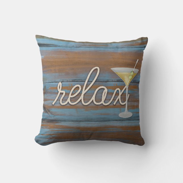 Coussin corde "relax" texte sur bois rustique (Recto)
