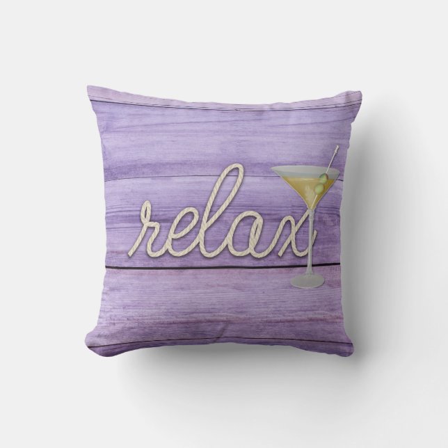 Coussin corde "relax" texte sur bois violet (Recto)