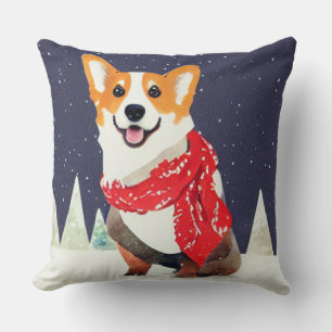 Coussin Corgi avec écusson de Noël rouge blanc