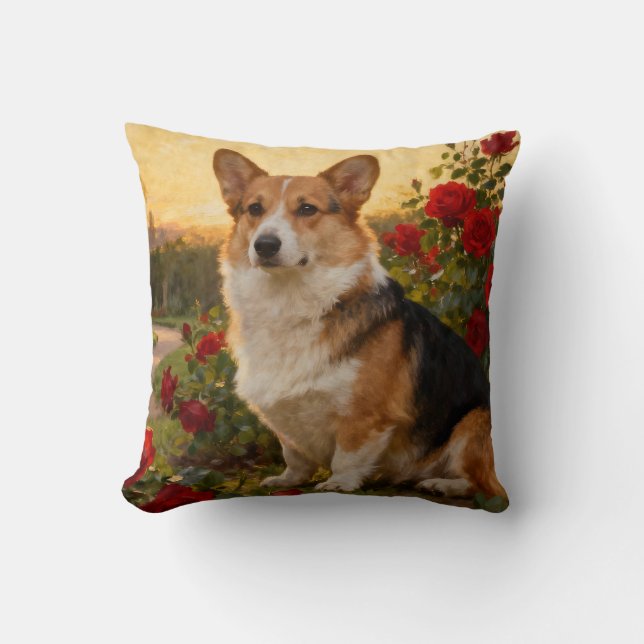 Coussin Corgi dans les Roses II (Recto)