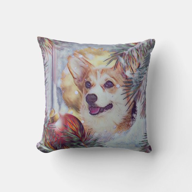 Coussin Corgi de Gallois dans la fenêtre d'hiver (Recto)