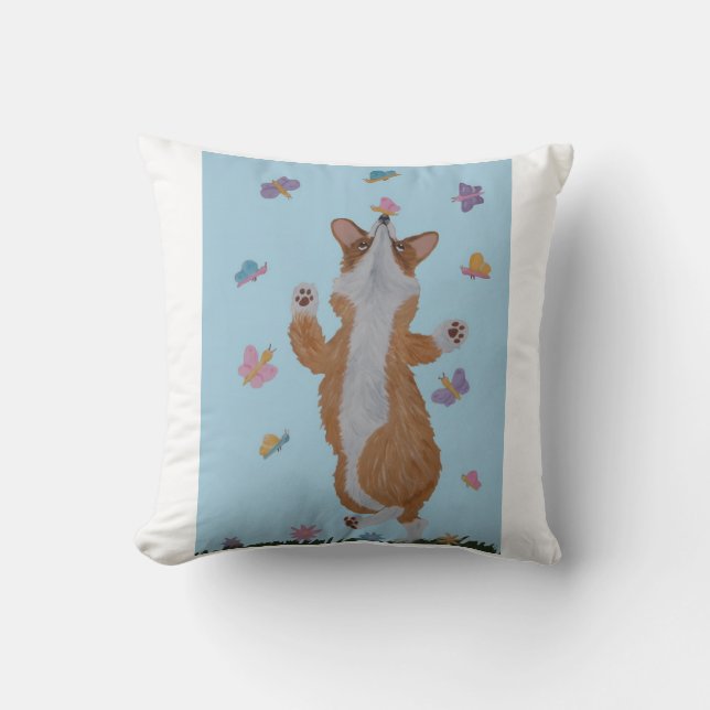 Coussin Corgi gallois dansant avec des papillons (Recto)