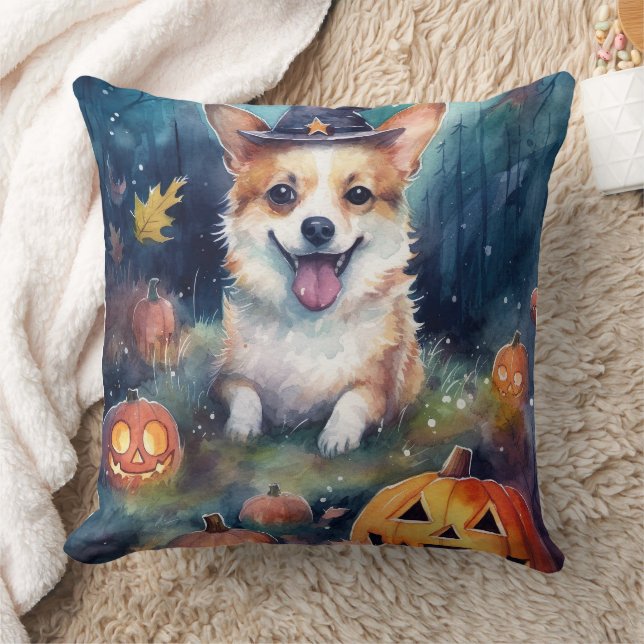 Coussin Corgi Halloween avec citrouilles effrayant (Couverture)