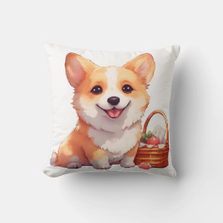 Coussin Corgi joyeux avec un panier de pique-nique