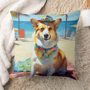 Coussin Corgi on Beach, cadeau d'été pour les amoureux de