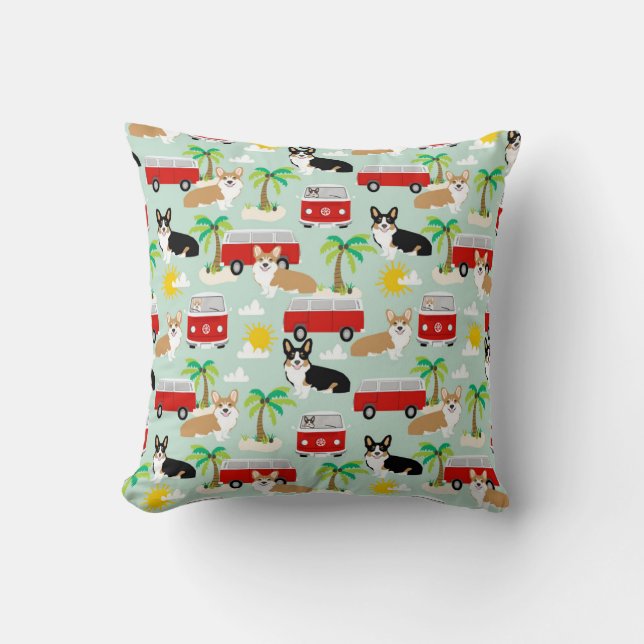 Coussin Corgis de cardigan à la plage - tri et rouge (Recto)