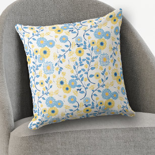 Coussin Corne bleu et jaune motif floral