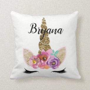 Coussin Corne de Licorne Fleurie Moderne Pailletée Glamour