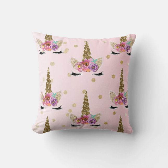 Coussin Corne de Licorne Moderne Tendance Rose & Or #2 (Recto)