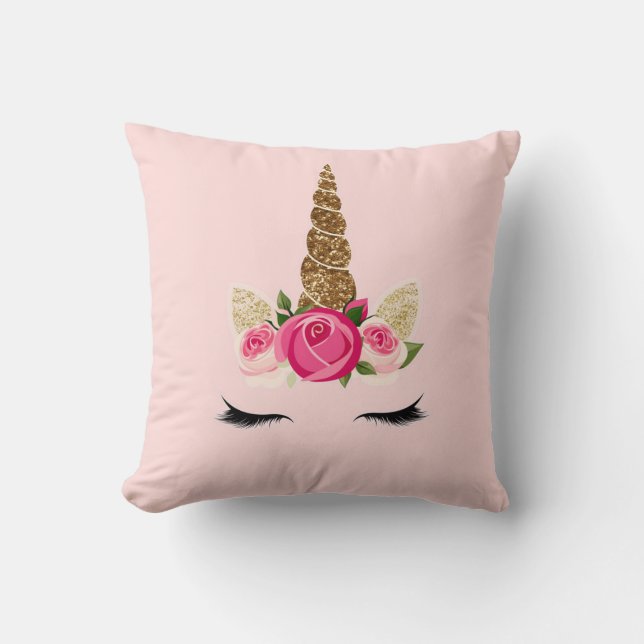 Coussin Corne de Licorne Pailletée Or avec Roses Roses (Recto)