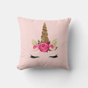Coussin Corne de Licorne Paillettes Dorées Roses Roses