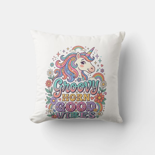 Coussin Corne Groovy Licorne Bonnes Vibrations Charmant PO (Recto)