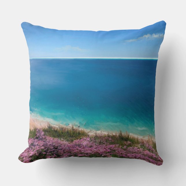 Coussin Cornish falaise vue sur la mer avec des fleurs ros (Recto)