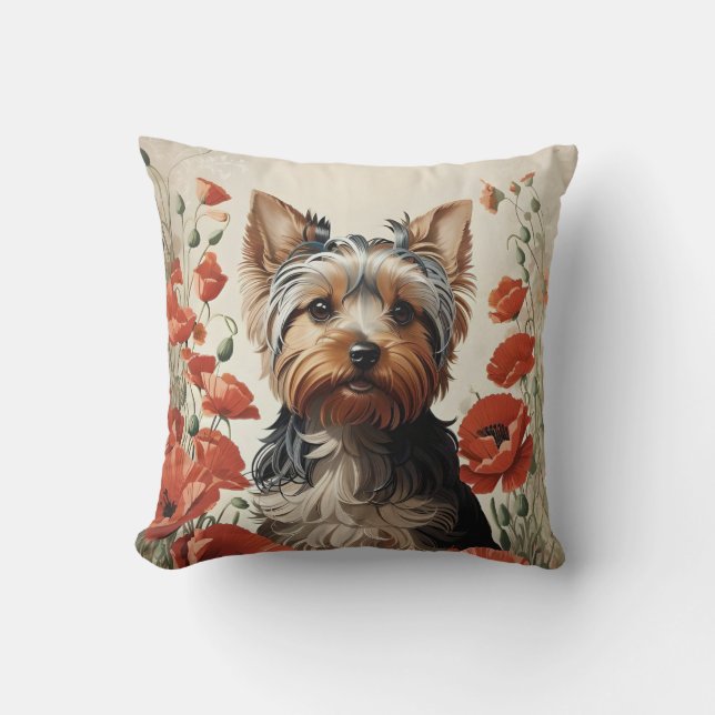 Coussin Corte Yorkshire Terrier Botanique Poppies rouges (Recto)