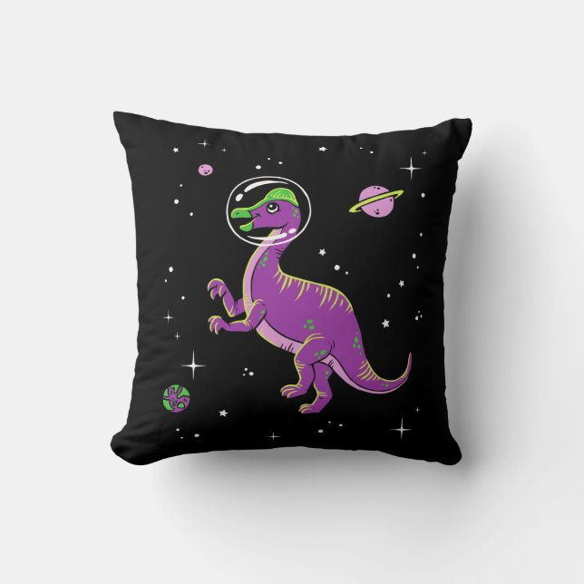 Coussin Corythosaurus Violet Et Vert Dinos Dans L'Espace (Recto)