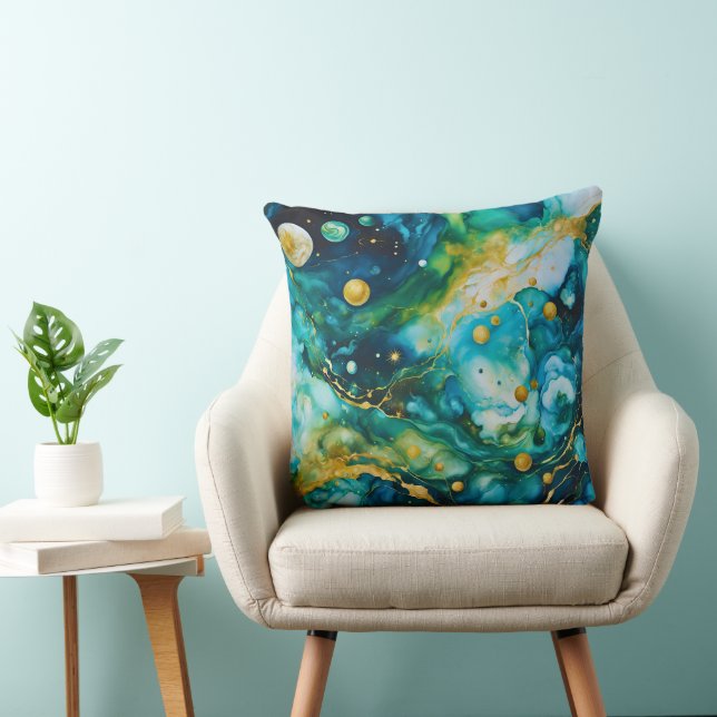 Coussin Cosmos d'encre d'alcool bleu vert or (Chaise)