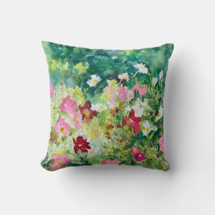 Coussin Cosmos d'été frais Floral Vert Aquarelle