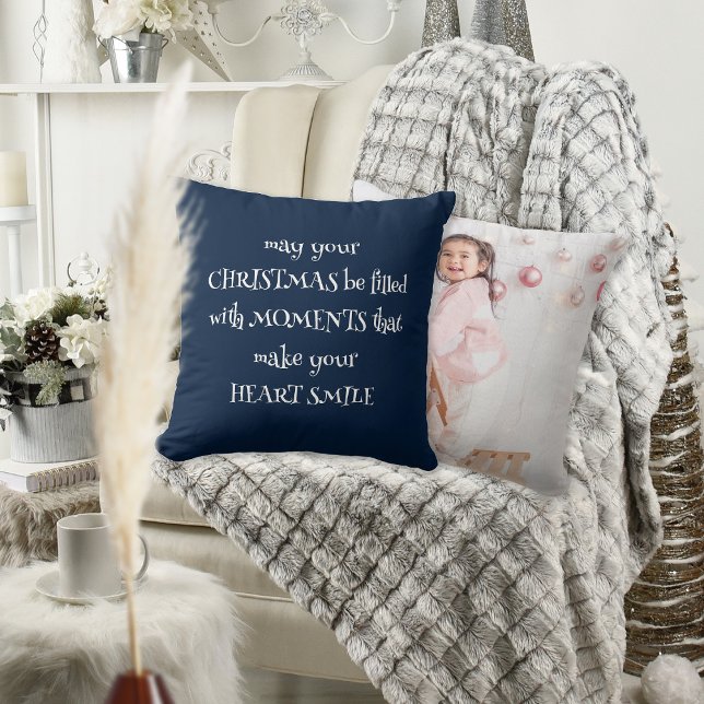 Coussin Cosy Christmas Citation Photo Marine Blue (Front and back view)