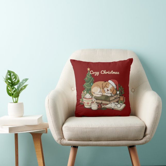 Coussin Cosy Christmas Sleeping Chiot & Livres Vintage (Chaise)